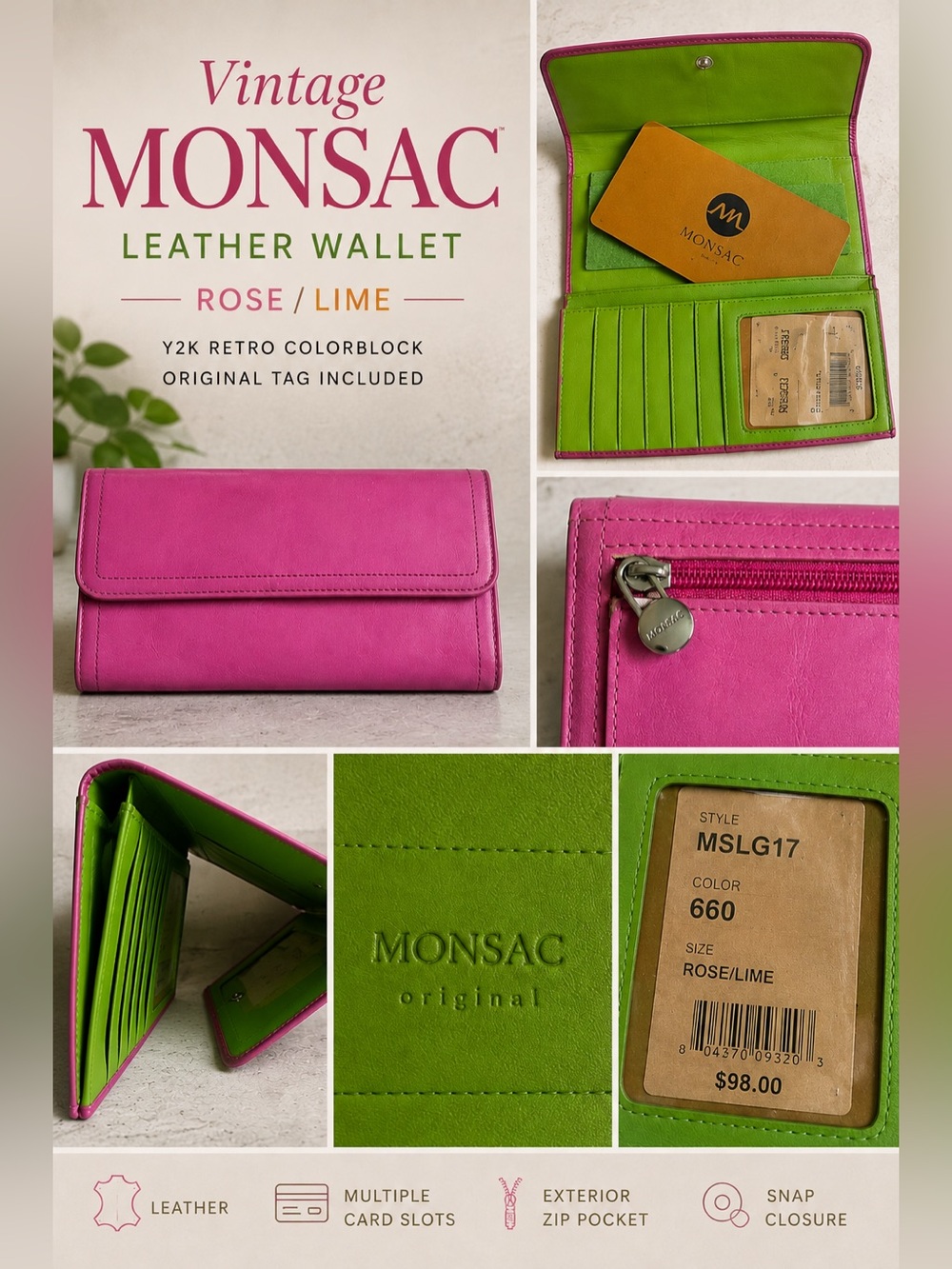 Vintage Monsac Hot Pink Lime Green Leather Tri Fold Wallet Colorblock Y2K Retro